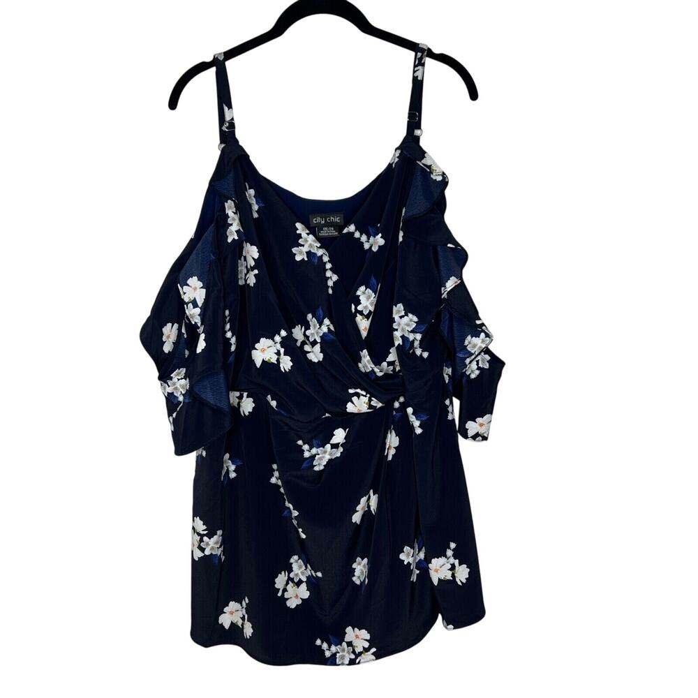 City Chic Navy Floral Cold-Shoulder Wrap Tank Top